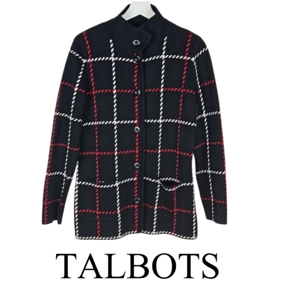 Talbots Plaid Long Classic Cardigan Sweater in Black Red White, S